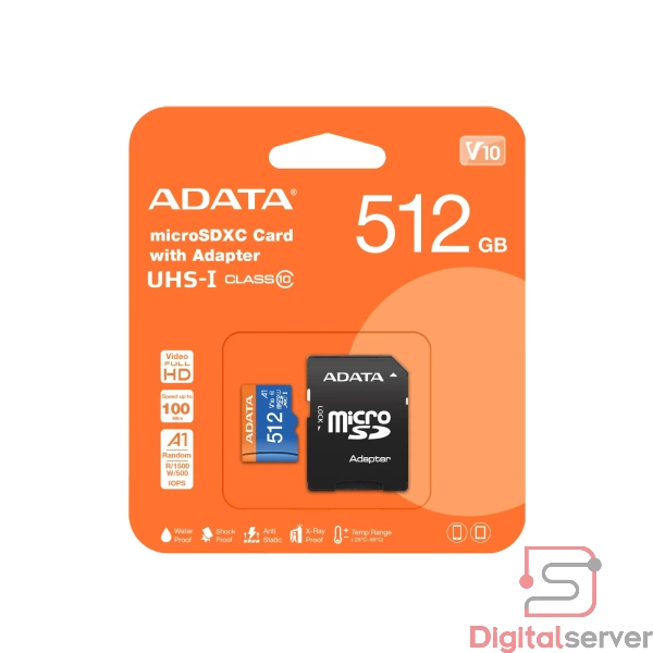 MICROSDXC ADATA 512GB / UHS-I V10 A1 / 100MB/S / FHD / CLASE 10 / ADAPTADOR SD / RESISTENTE AL AGUA Y GOLPES