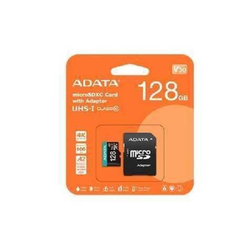 MICROSDXC ADATA 128GB / UHS-I U3 V30 A2 / 100MB/S / 4K FHD / CLASE 10 / ADAPTADOR SD / RESISTENTE AL AGUA Y GOLPES
