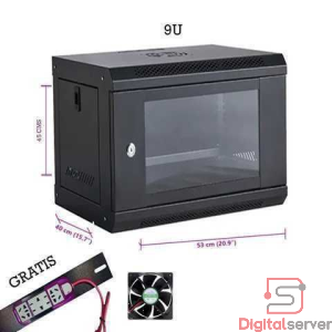 GABINETE RACK 9U CON VIDRIO TEMPLADO REFORZADO (53.0 cm × 40.0 cm × 45.0 cm) / GRATIS VENTILADOR Y REGLETA MULTITOMA