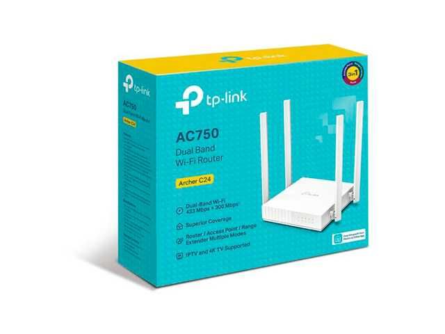 ROUTER TP-LINK AC750 ARCHER C24 / DOBLE BANDA / 4 PUERTOS LAN / 3 EN 1 / BLANCO