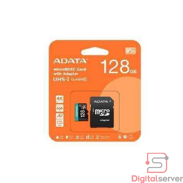 MICROSDXC ADATA 128GB / UHS-I U3 V30 A2 / 100MB/S / 4K FHD / CLASE 10 / ADAPTADOR SD / RESISTENTE AL AGUA Y GOLPES