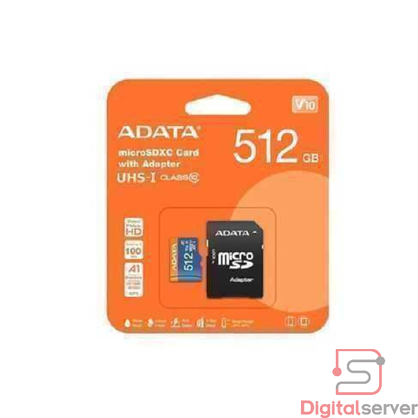 MICROSDXC ADATA 512GB / UHS-I V10 A1 / 100MB/S / FHD / CLASE 10 / ADAPTADOR SD / RESISTENTE AL AGUA Y GOLPES