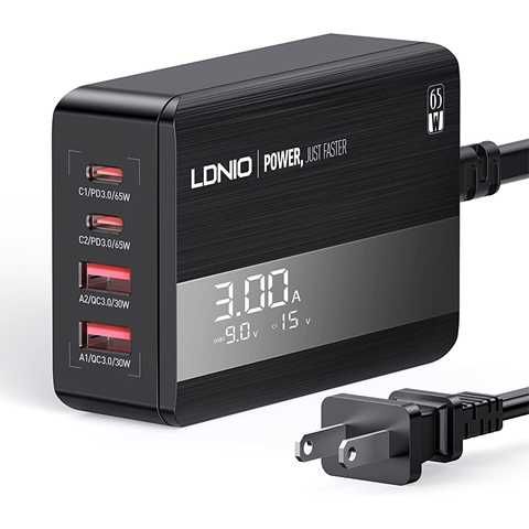 ADAPTADOR DE CORRIENTE CARGADOR LDNIO A4808Q PD QC4+QC3.0 2USB-C +2USB-A LCD 65W / CARGA SUPER RAPIDA - Imagen 2
