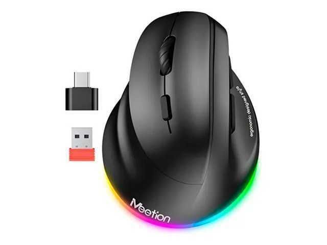 MOUSE INALAMBRICO MEETION BTM010L / ERGONOMICO VERTICAL / BLUETOOTH / RGB / COLOR NEGRO / PARA ZURDO / RECARGABLE
